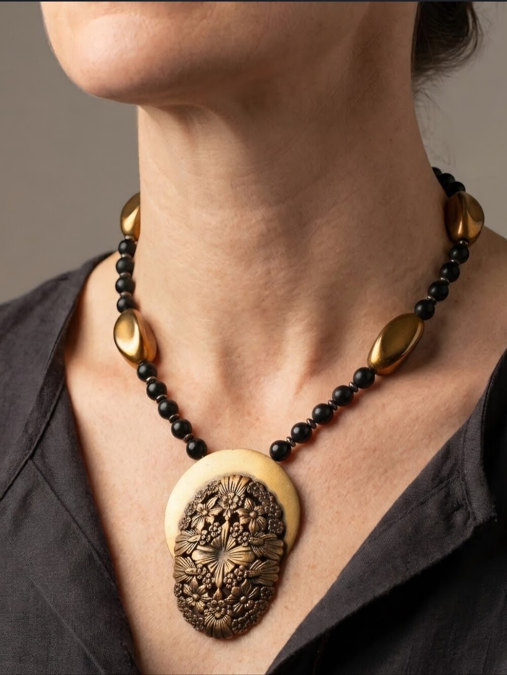 Vintage Floral Motif Oxidize Black and Goldtone Necklace